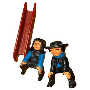 Dalecraft Vintage Amish Couple Figurines w/ Red Sled Set of 3 Mini cast iron